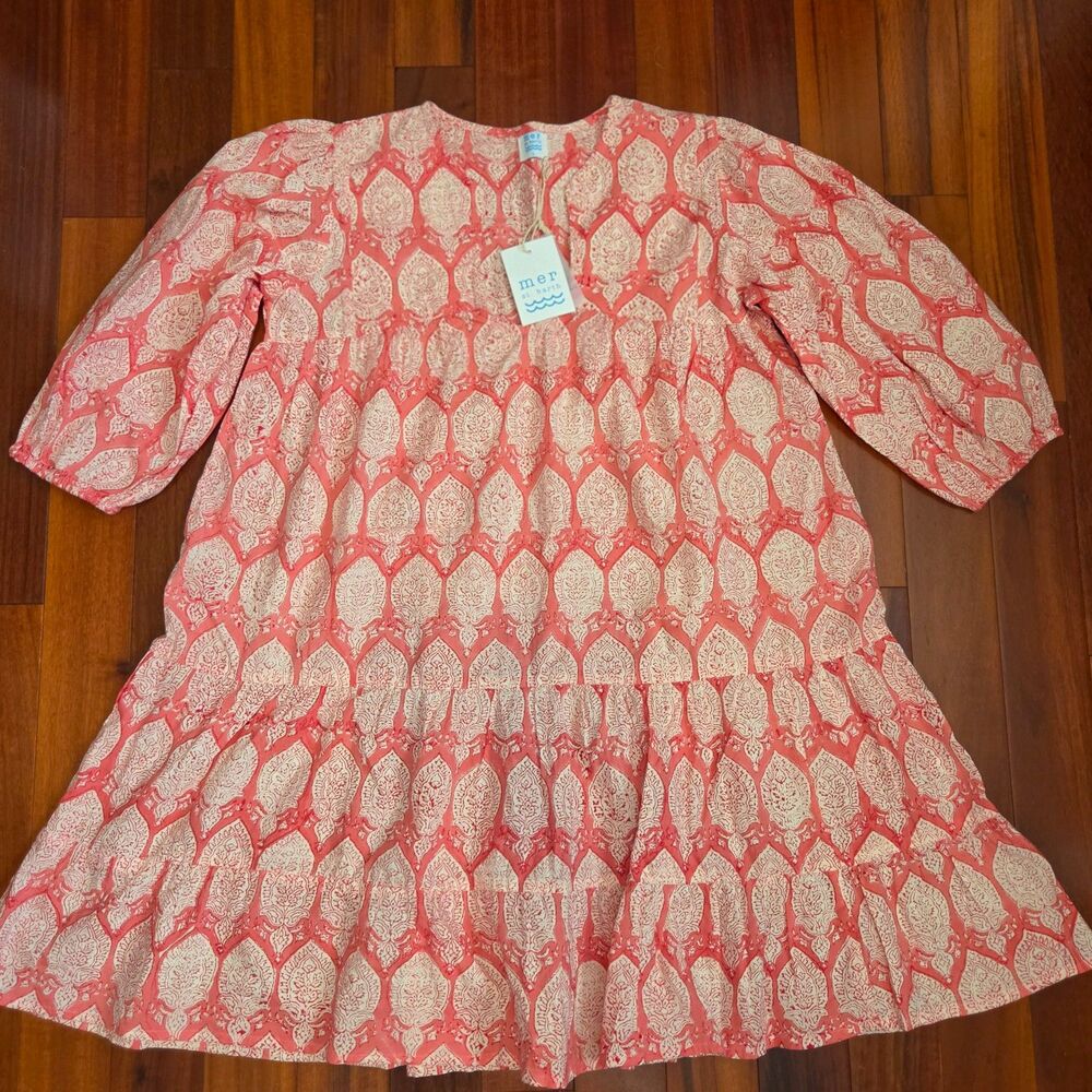 Mer St. Barth Pink White Tiered Block Tunic L Dress 100% Cotton